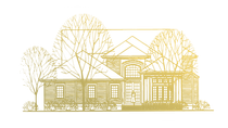 Gold line drawing of a house with trees and a front porch on a white background