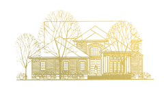 Gold line drawing of a house with trees and a front porch on a white background