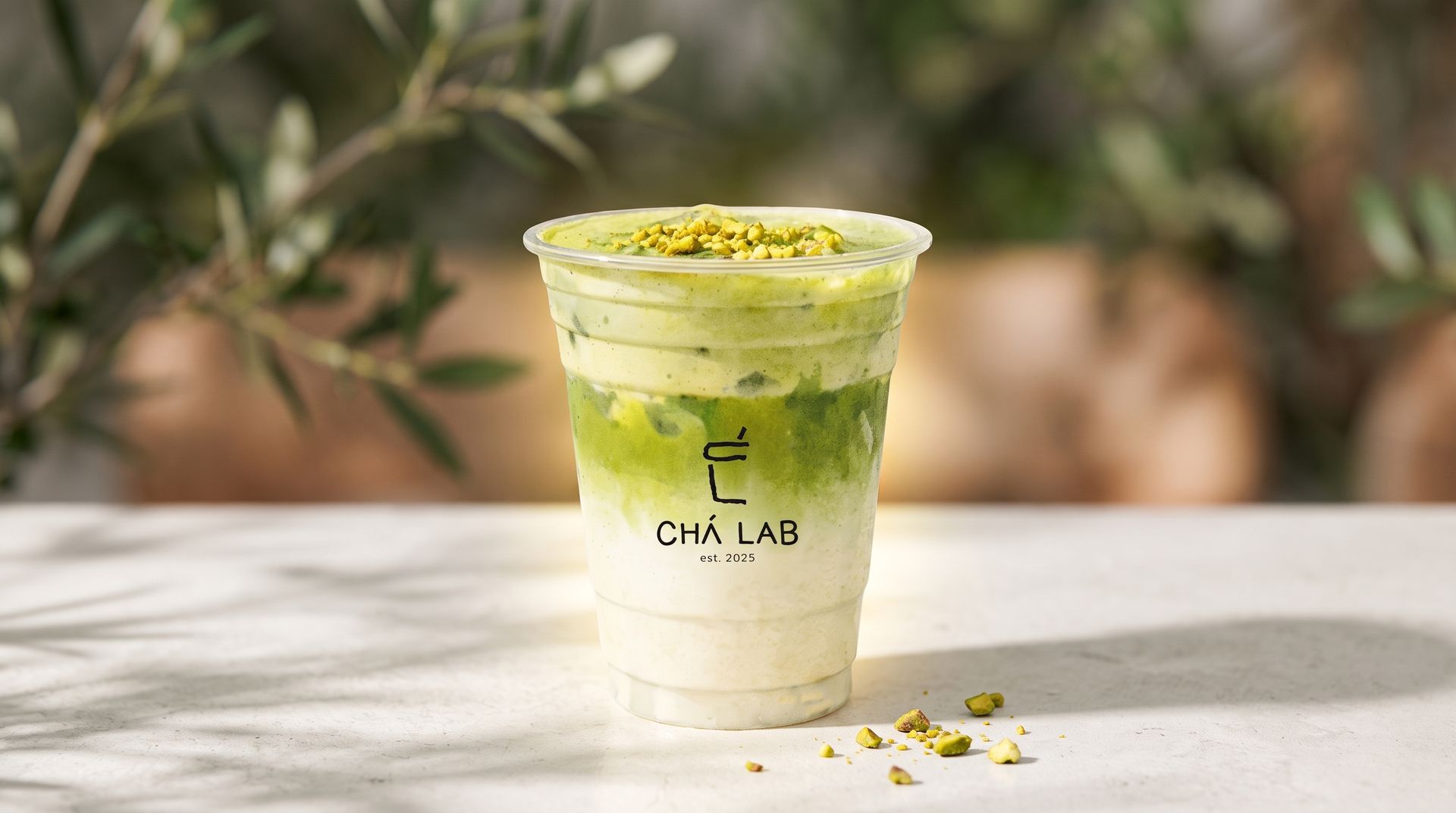 Clear-lidded iced dessert cup with green topping on a white table, blurred plant background