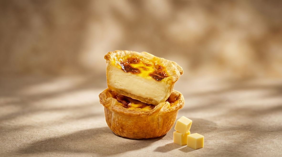 Small caramel-topped pastry with creamy filling, beside a few sugar cubes on a warm beige background