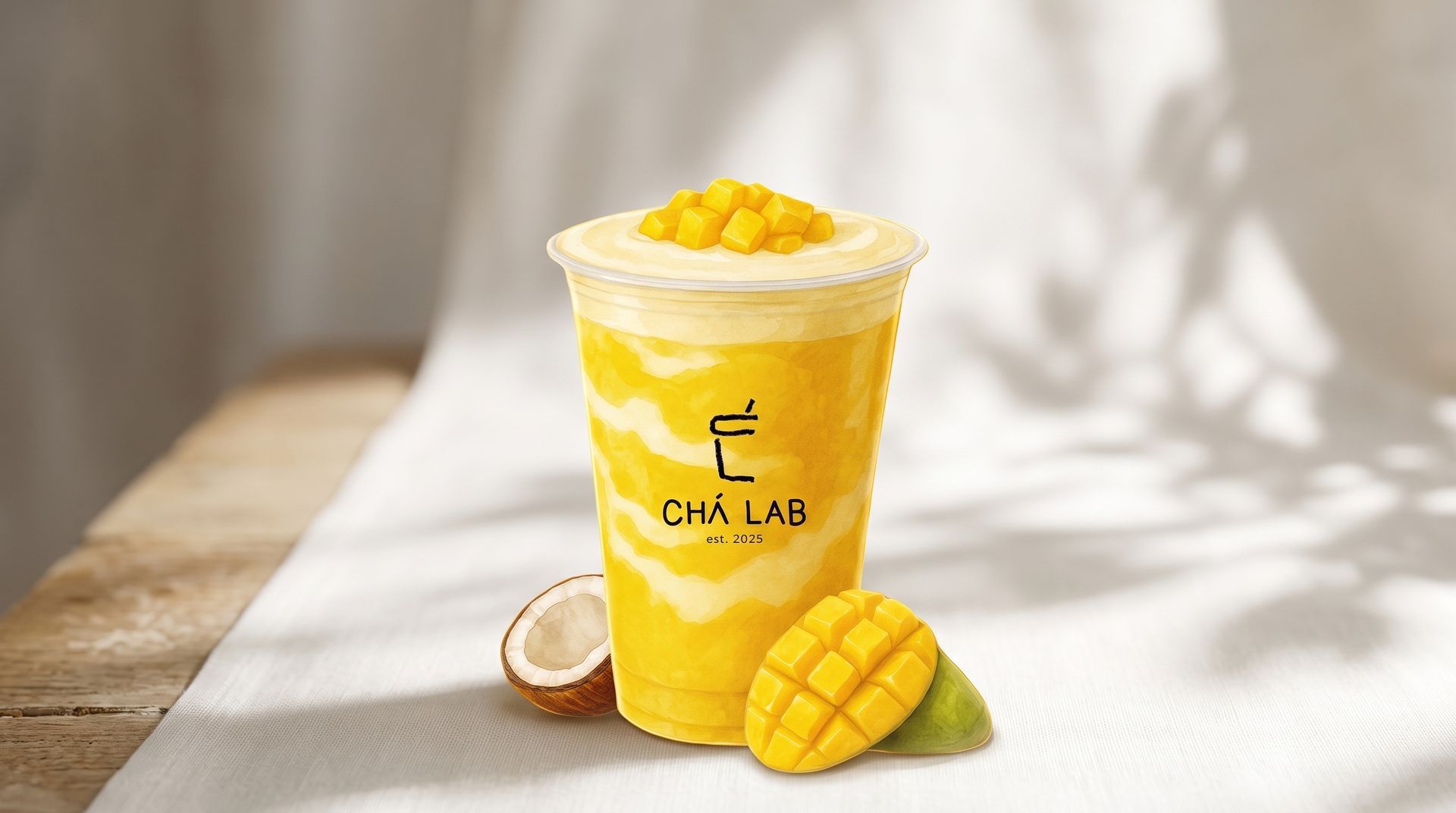 Yellow mango drink in a clear cup with mango pieces, beside a sliced mango on a wooden table
