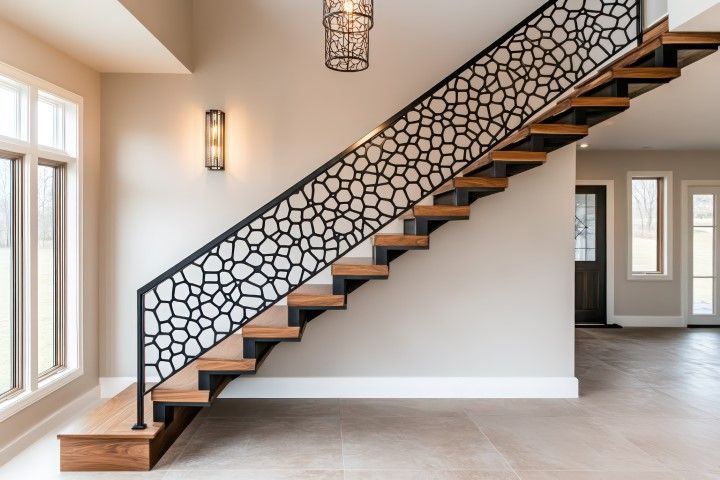 Modern staircase with floating walnut steps and intricate black railings
