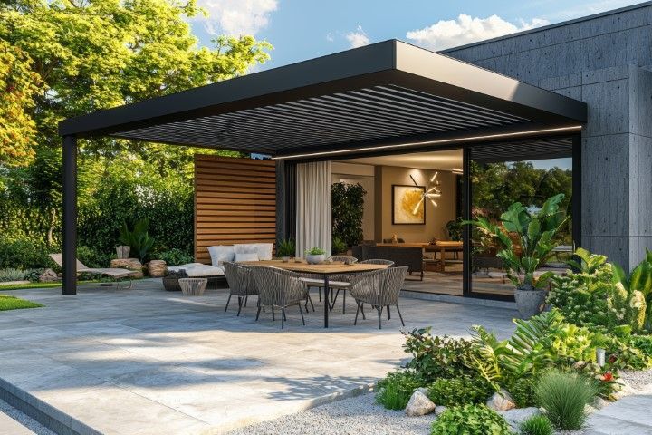 Modern house in Clearwater, FL with a shaded pergola for comfort