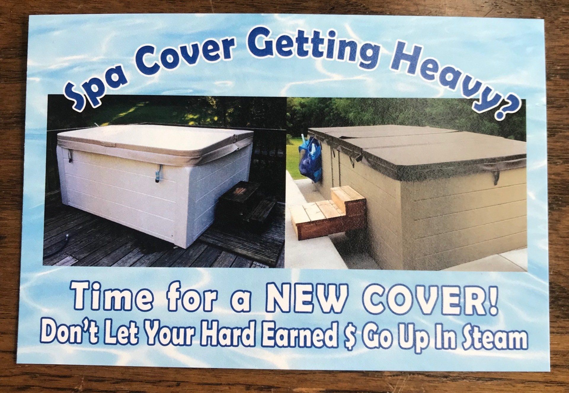 Advertisement: Spa cover. Two pictures of spa with cover, text