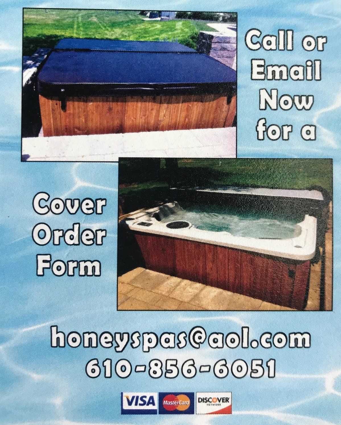 Hot tub cover advertisement. Shows tubs with covers and email/phone contact info.
