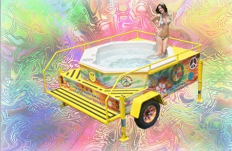 Woman in bikini stands in a hot tub on a psychedelic trailer.
