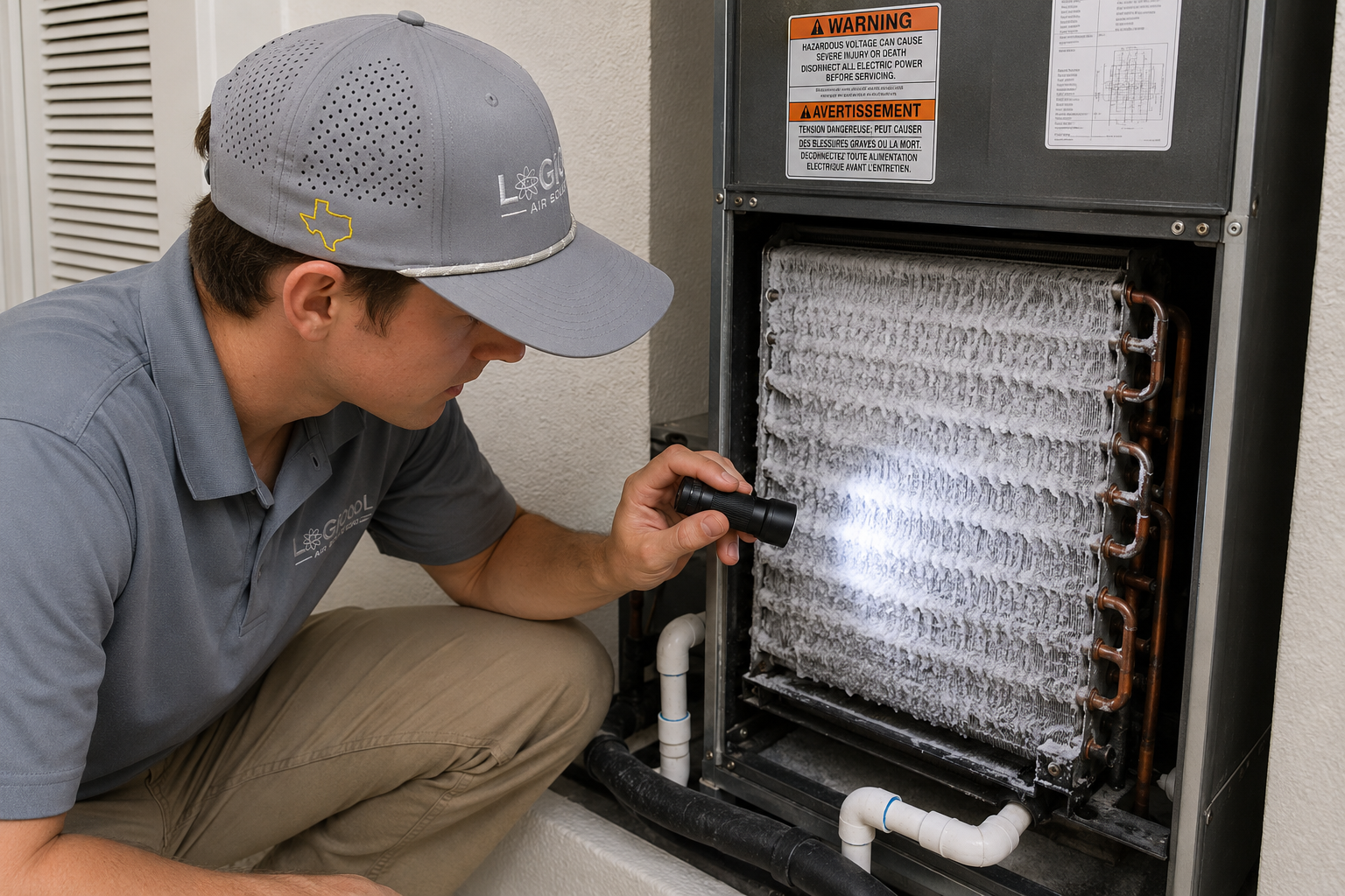 HVAC technician inspecting a frozen evaporator coil inside a residential air conditioning system.