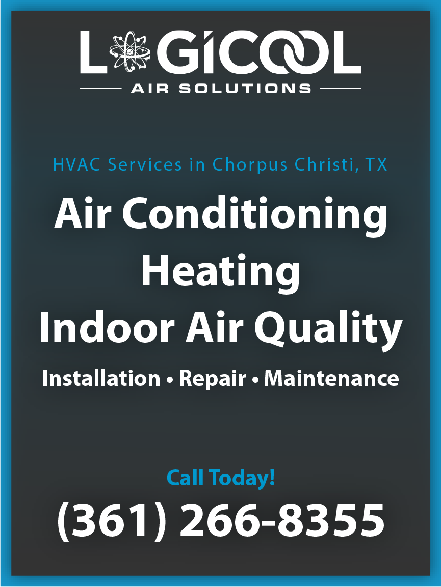 Logicool Air Solutions HVAC ad: air conditioning, heating, indoor air quality, Corpus Christi, TX, phone (361) 266-8355