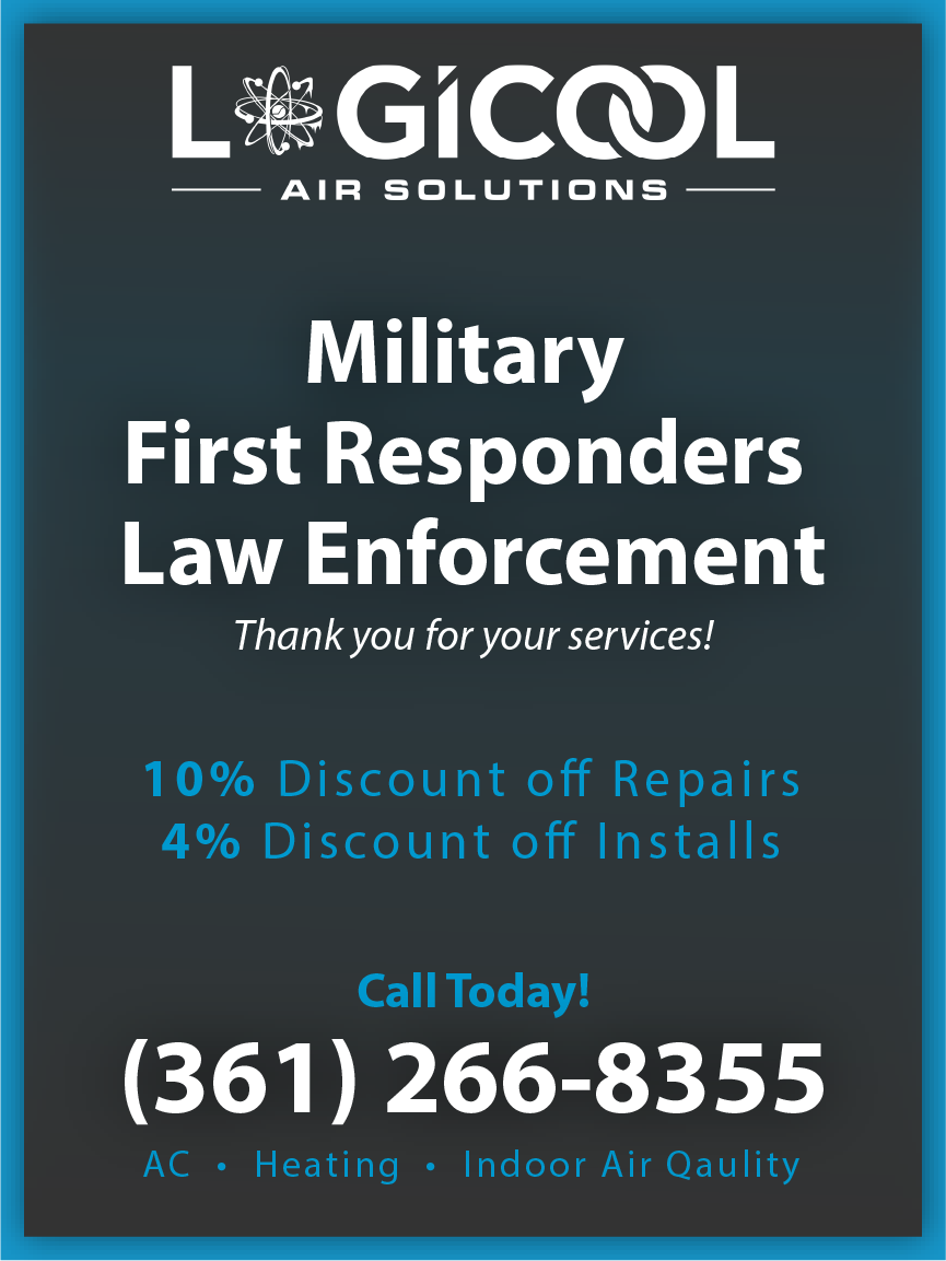Logicool Air Solutions ad with military, first responder, and law enforcement discounts; phone number (361) 266-8355