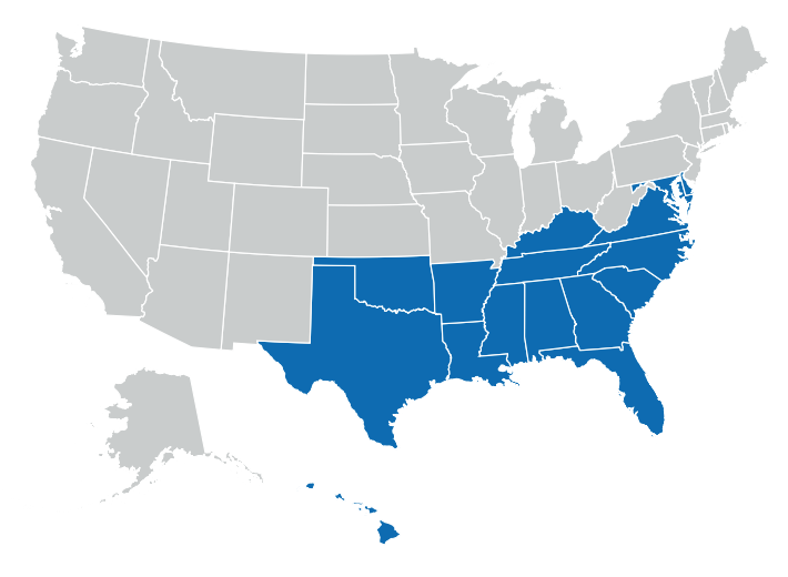 U.S. map highlighting the Southern and Eastern states in blue, with the rest in gray.