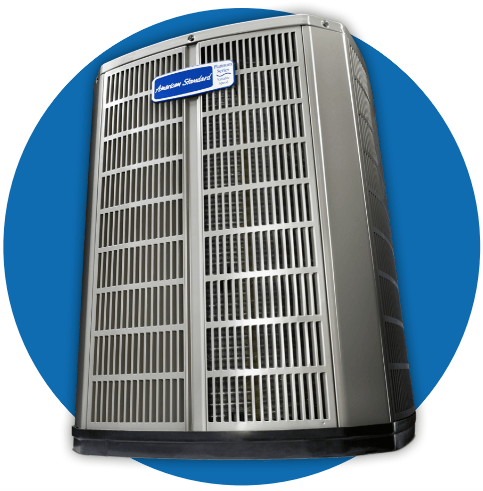 Outdoor air conditioning unit with silver grille against a blue circular background