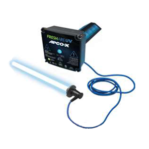 Blue UV lamp wand connected to a black control box, with cable on a white background