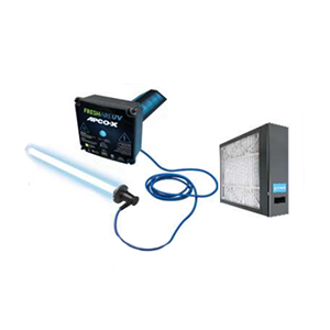 Blue UV-C germicidal lamp with control box beside a metal HVAC/air purifier unit