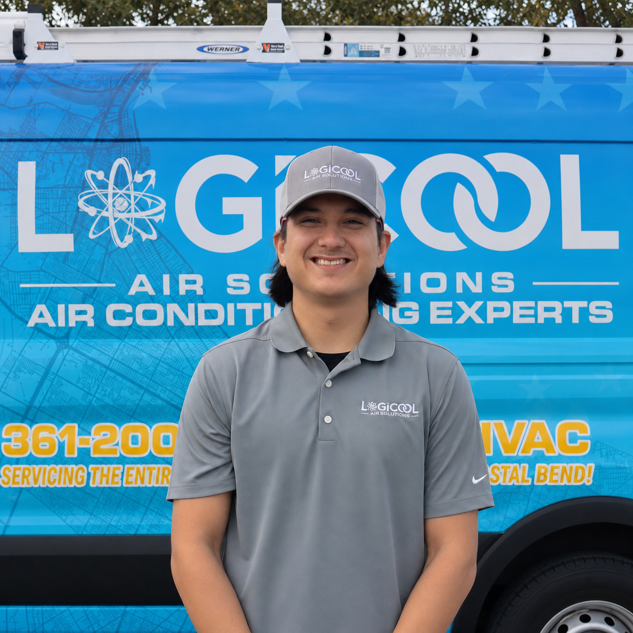 Man standing before a Logicool HVAC service truck with blue branding and logo