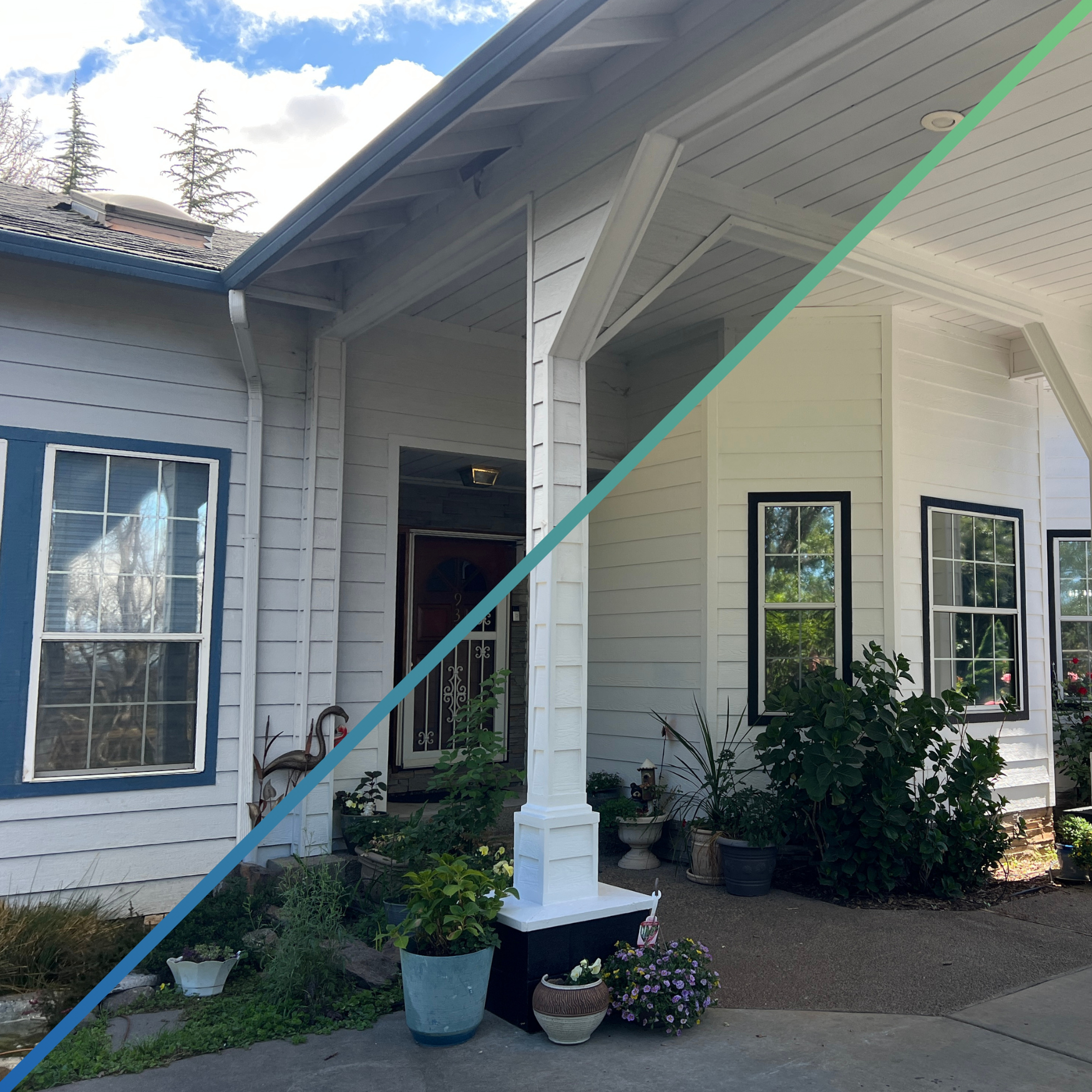 Covered entry with white square columns and black-trimmed windows after repaint