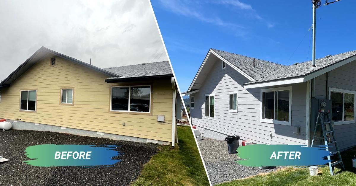 A before and after picture of a house that has been painted grey with white trim.