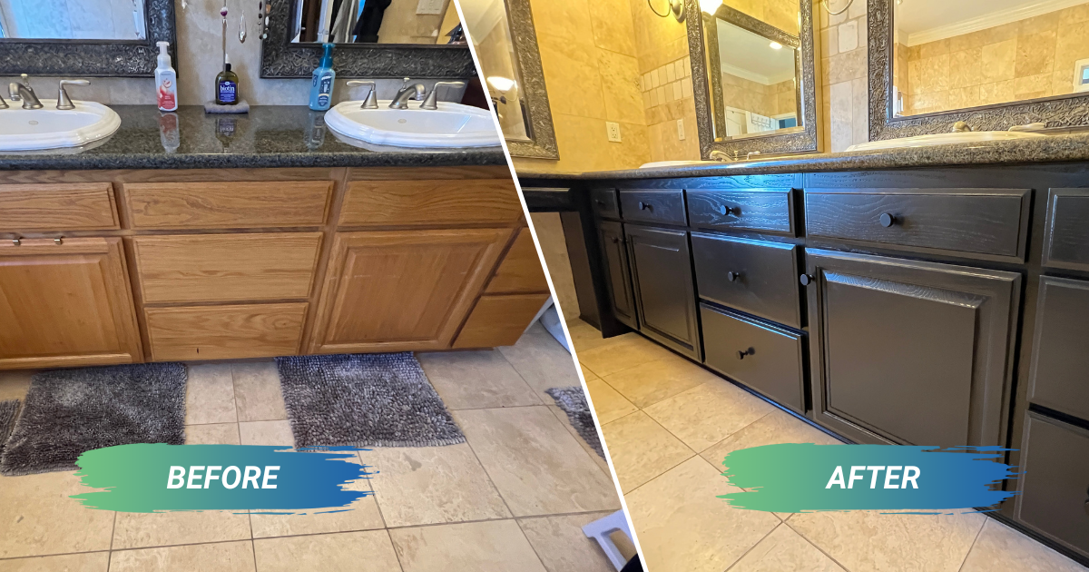 A before and after photo of a bathroom vanity painted black.