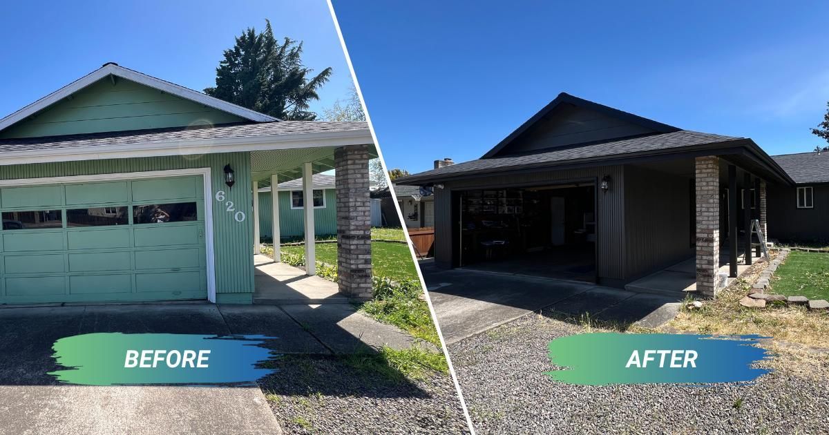 A before and after picture of a house with a garage, before it had green paint and now it has new black paint.
