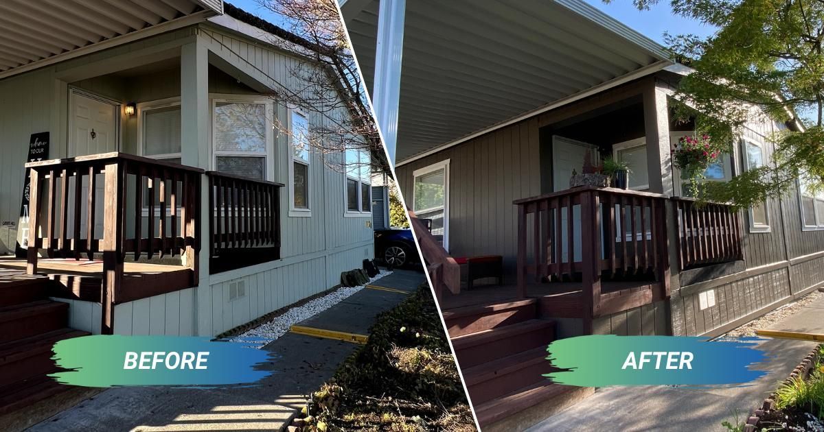 A before and after exterior paint job picture of a mobile home with a porch.