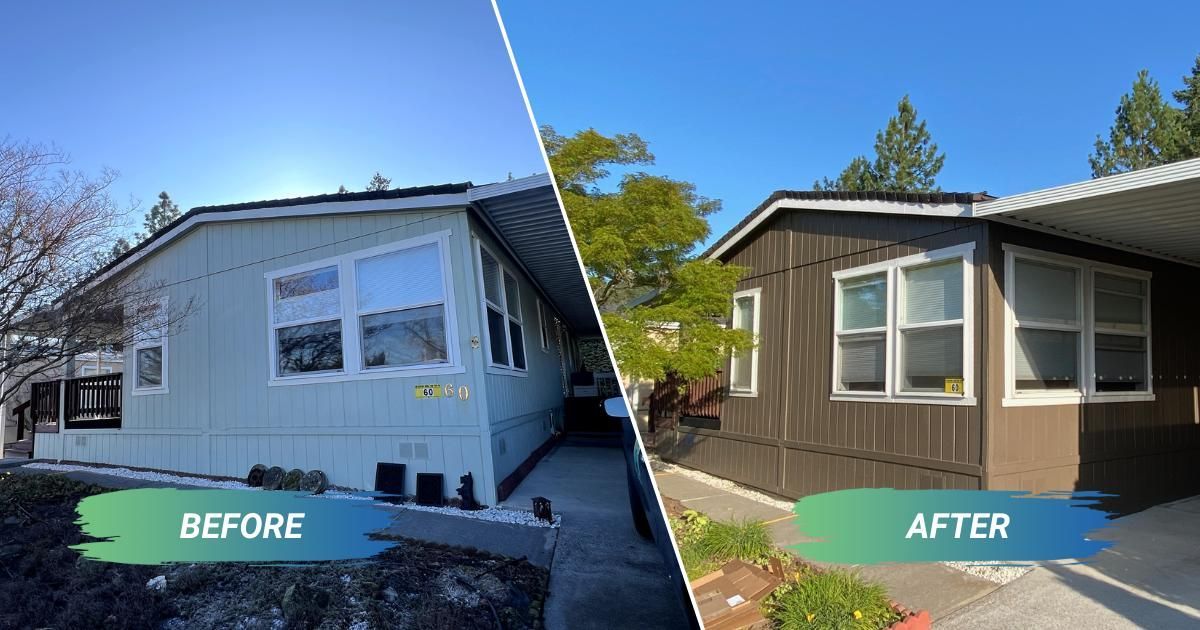 A before and after picture of a mobile home with new brown exterior paint.
