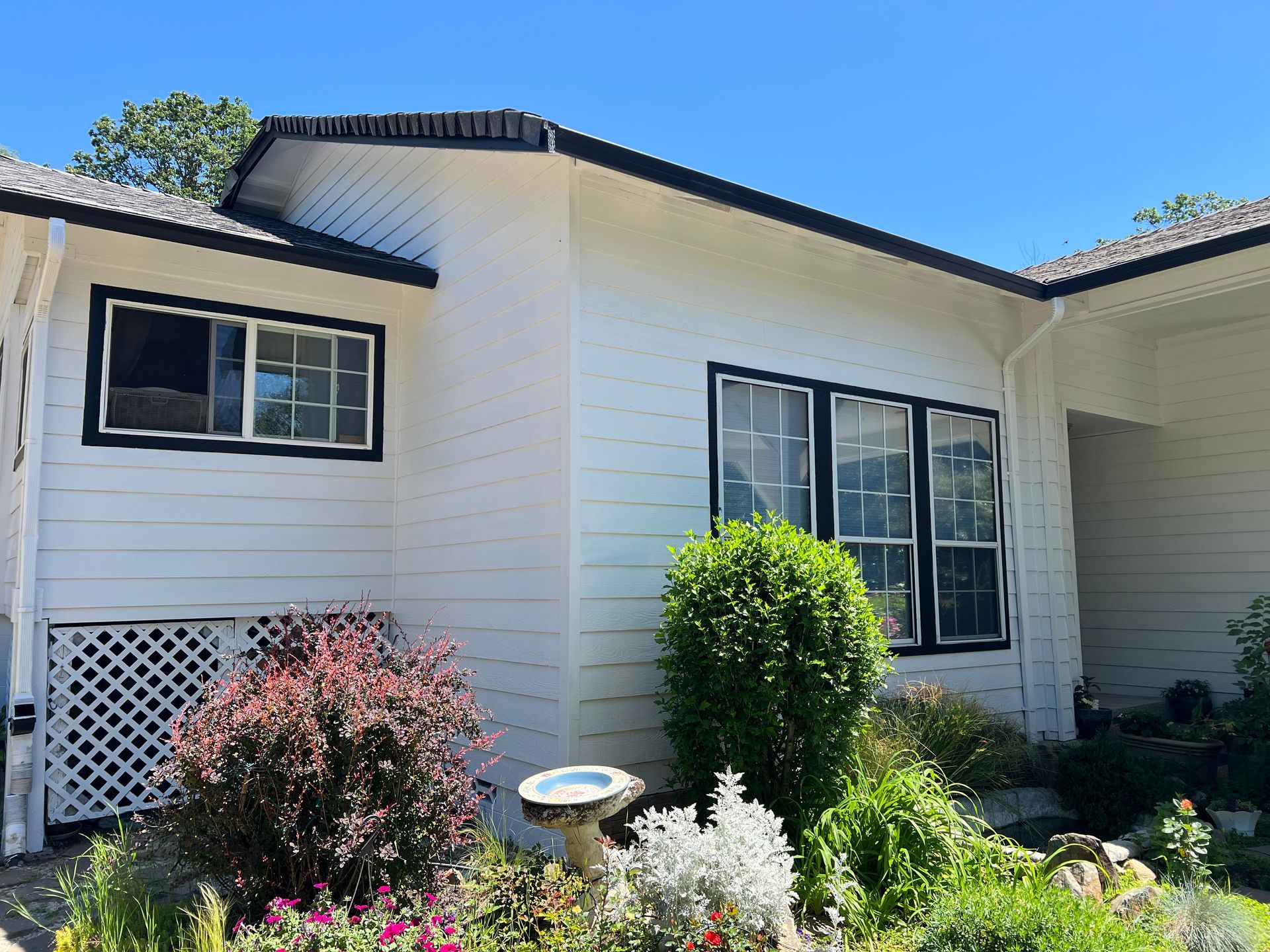 Side window bank after repaint, black trim beside a garden bed