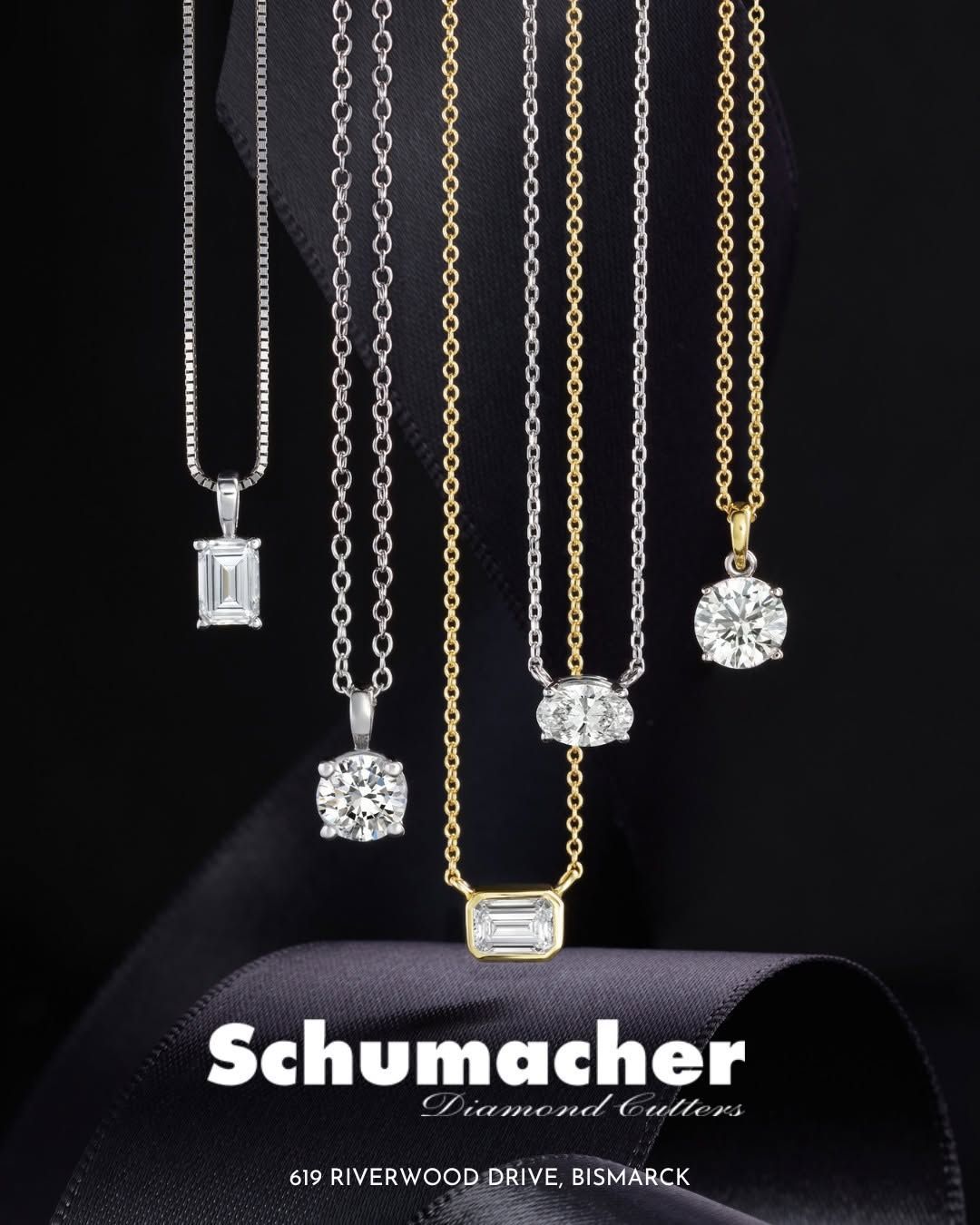 Schumacher jewelry ad with five gold and silver necklaces on a dark background