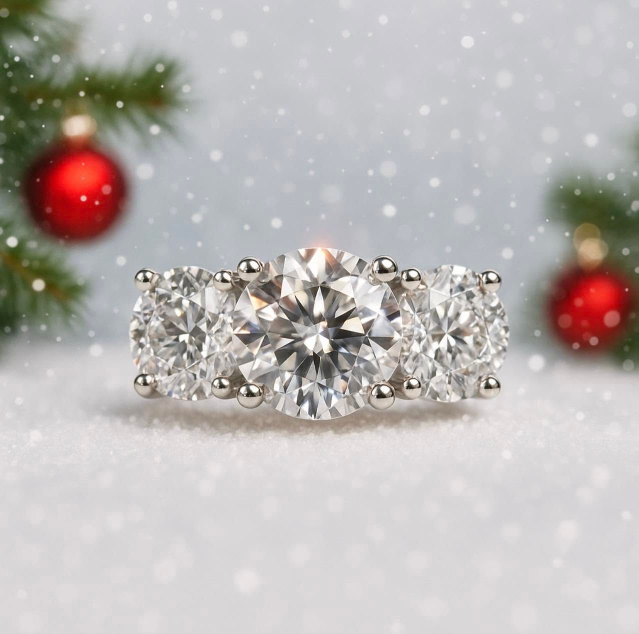 Diamond ring with a large center stone on a snowy white surface, with blurred red ornaments in the background