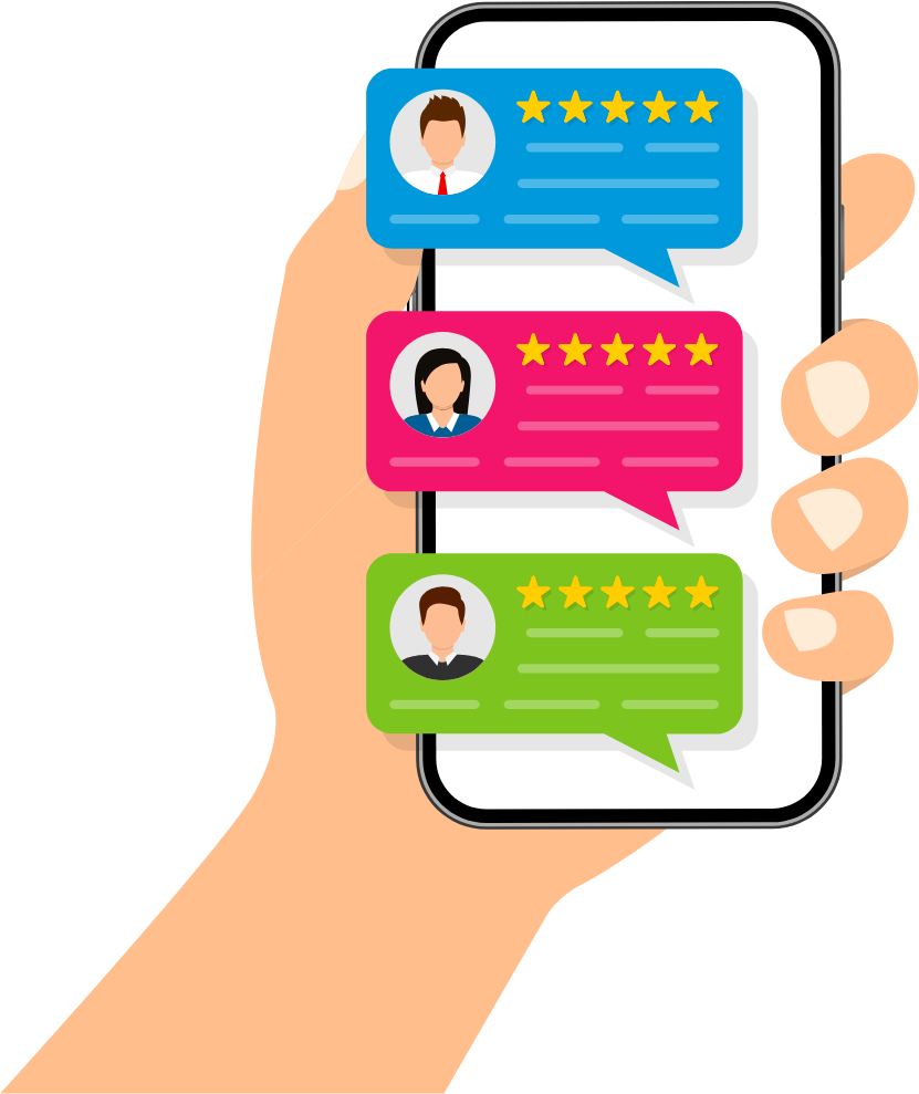 A hand is holding a cell phone with speech bubbles on it.