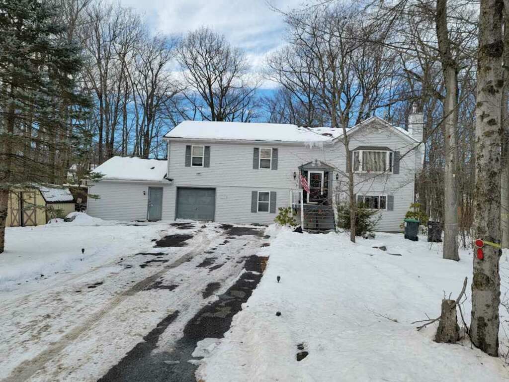 Snowy suburban house with attached garage and cleared driveway, surrounded by bare trees