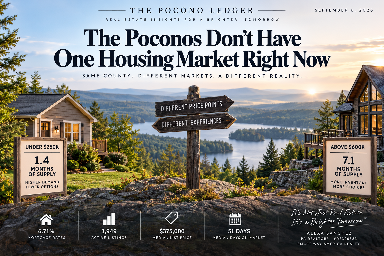 The Pocono homes market ad over a lake at sunset, with rustic signs and property stats on either side
