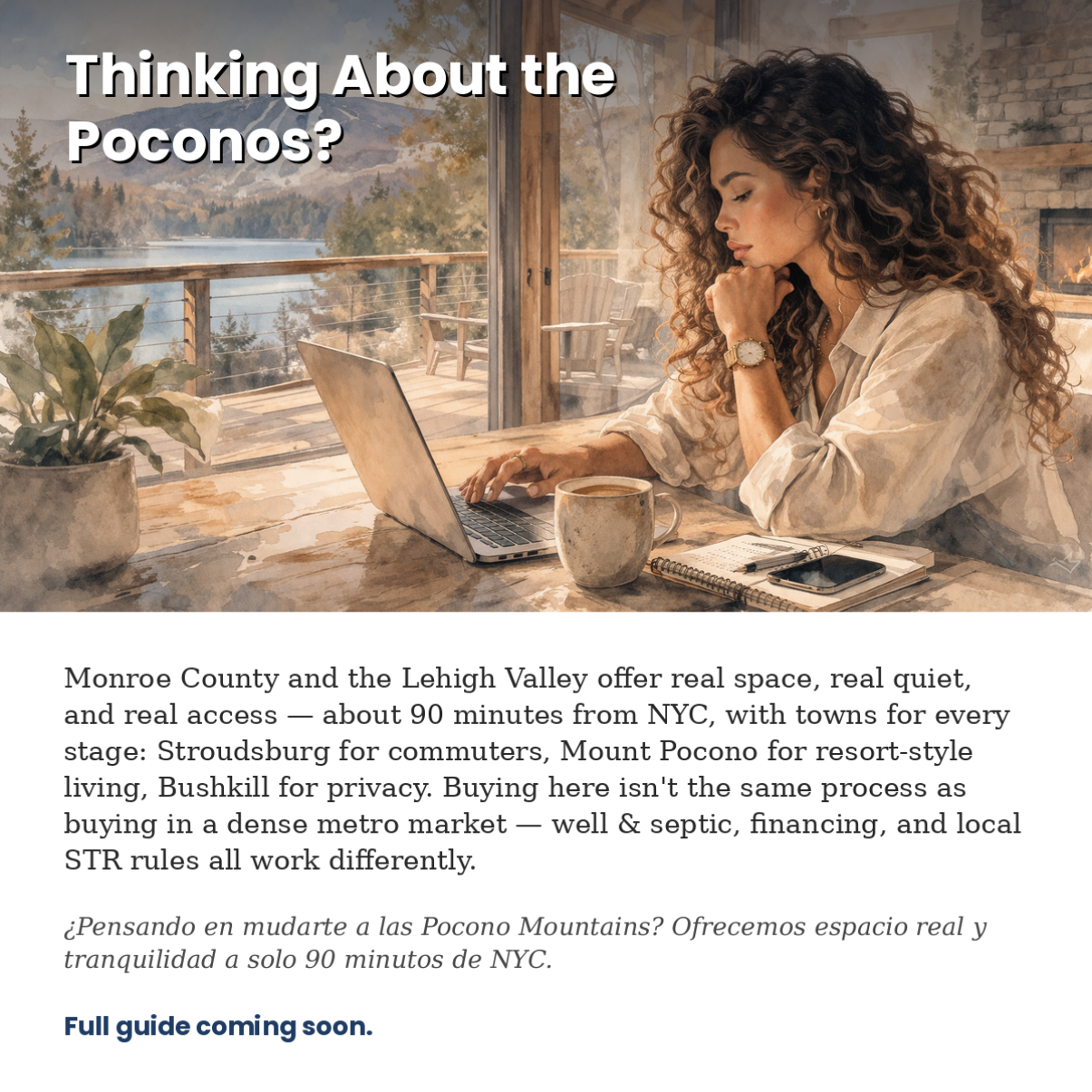 Woman using laptop at a rustic outdoor café with text promoting Poconos travel and “Thinking About the Poconos?”