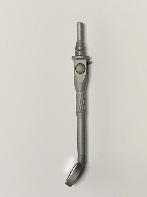 Dental mirror tool with a curved head, gray handle, and a light.
