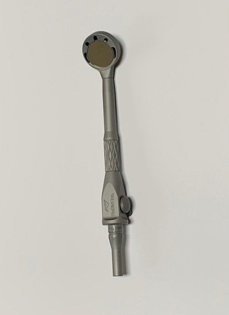 Silver dental mirror with round head and textured handle, angled against a white background.
