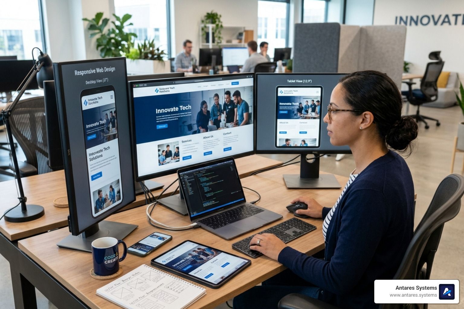 A web designer working on a responsive website layout across multiple monitors and mobile devices -