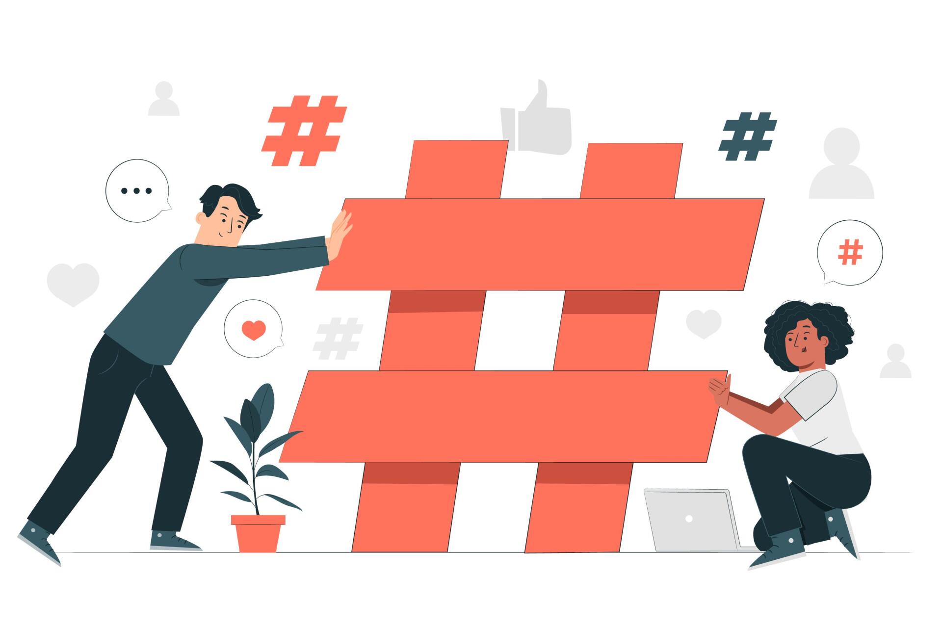 a man and a woman are building a hashtag wall .