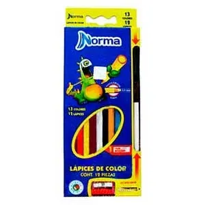 Caja de lápices de colores Norma con dibujo de dinosaurio y 13 colores.