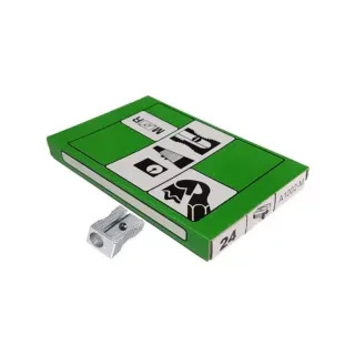 Caja de sacapuntas verdes con un sacapuntas de metal en el frente.