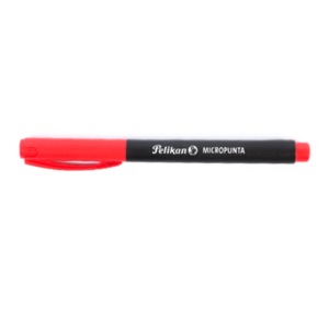 Bolígrafo Pelikan Micropunta rojo. Capuchón y punta rojos, cuerpo negro con texto blanco.