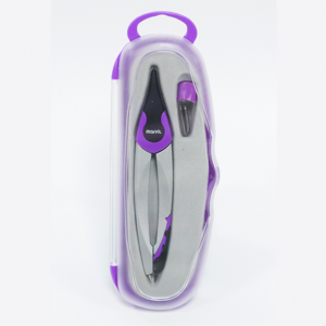 Brújula morada y gris en estuche de plástico transparente.
