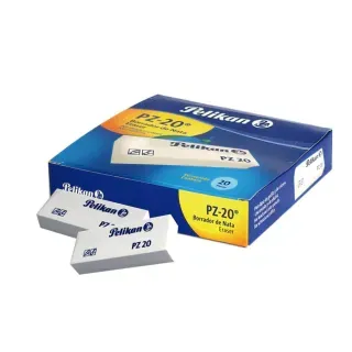 Caja de borradores Pelikan PZ-20 con dos borradores en el frente de la caja; caja azul con etiquetado amarillo y blanco.
