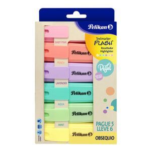 Pack de resaltadores Pelikan Flash. Seis resaltadores de colores pastel en una caja.