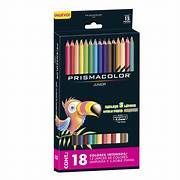 Lápices de colores Prismacolor Junior, caja de 18 unidades con ilustración de tucán y muestras de color.