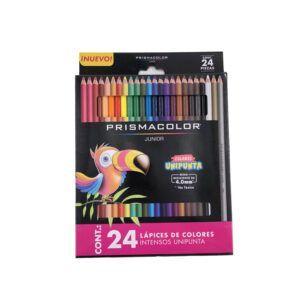 Caja de 24 lápices de colores Prismacolor Junior. Presenta una ilustración de un tucán.
