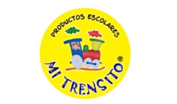 Logotipo amarillo con un tren de dibujos animados y las palabras "PRODUCTOS ESCOLARES" y "MI TRENCITO".