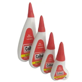 Cuatro botellas de cola Colbón, de distintos tamaños, de color blanco con etiquetas y picos rojos y amarillos.