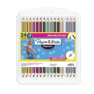 Lápices de colores Paper Mate MagicColor en un estuche de plástico con una caricatura.