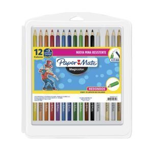 Un paquete de 12 lápices de colores Paper Mate Magicolor en un recipiente de plástico transparente.
