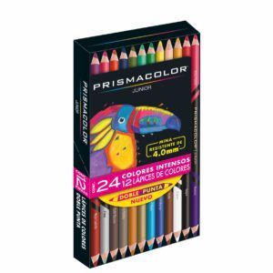 Caja de 24 lápices de colores Prismacolor Junior, de doble punta, con ilustración de un tucán.