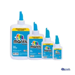 Cuatro botellas de cola blanca “Marfil”, varios tamaños, tapones azules, logo de elefante colorido.