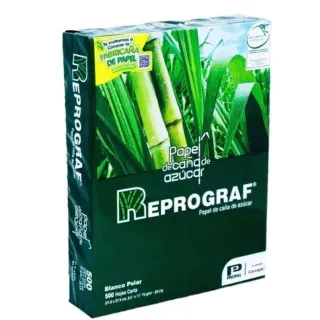 Caja de papel de caña de azúcar Reprograf. Blanco y verde, con gráfico de tallo de caña de azúcar.